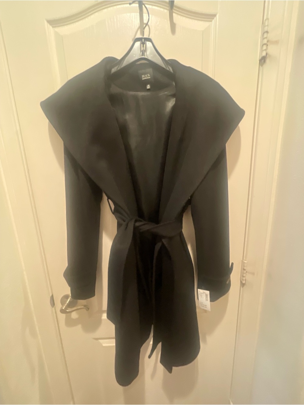 Saks Fifth Avenue Black Draped Trench Coat with Tie Belt
